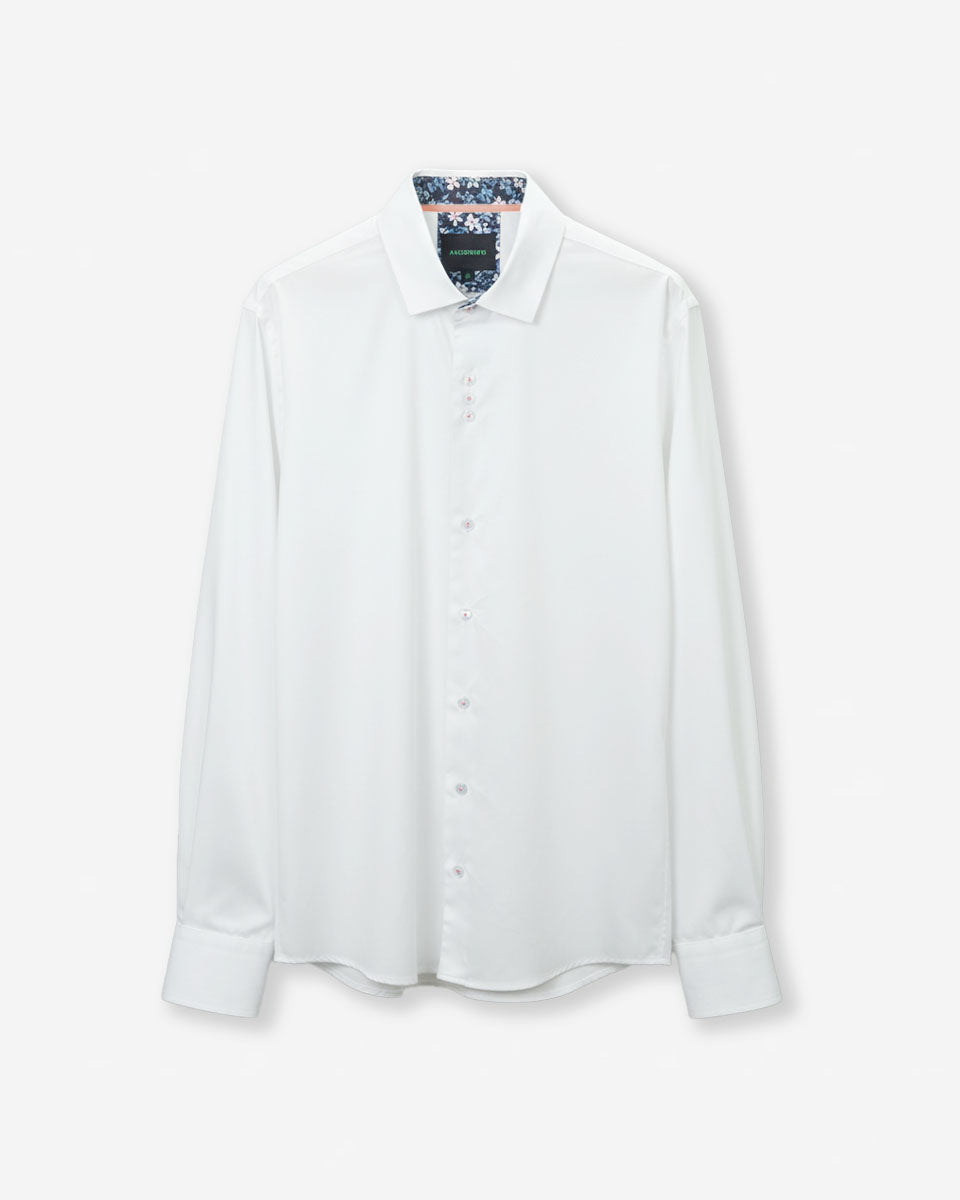 Camisa Casual Blanco con Detalles Rosado en Cuello y Puños