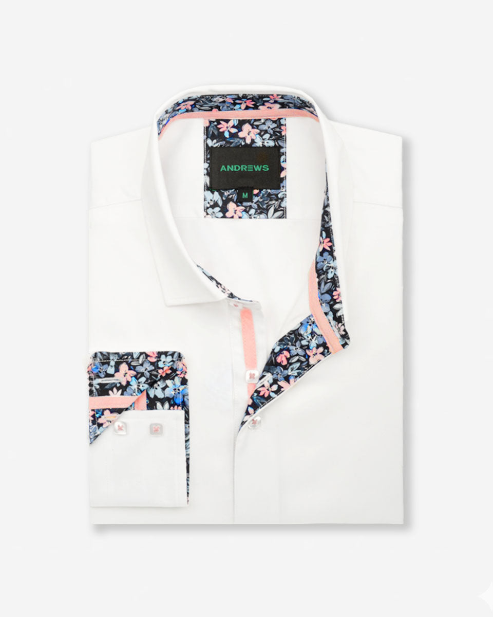Camisa Casual Blanco con Detalles Rosado en Cuello y Puños