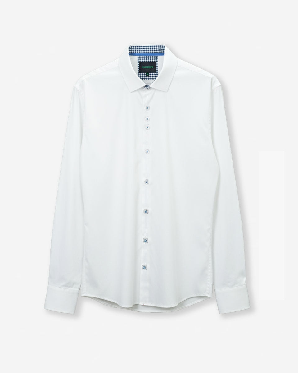 Camisa Casual Blanco con Detalles Azulino en Cuello y Puños
