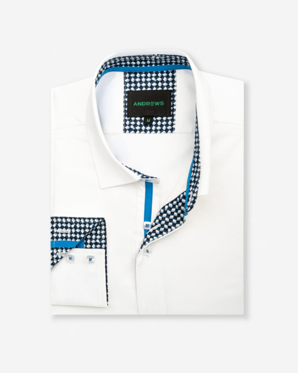 Camisa Casual Blanco con Detalles Azulino en Cuello y Puños
