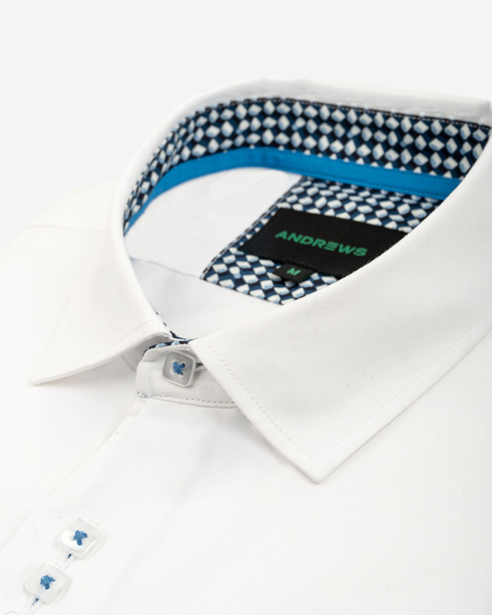 Camisa Casual Blanco con Detalles Azulino en Cuello y Puños