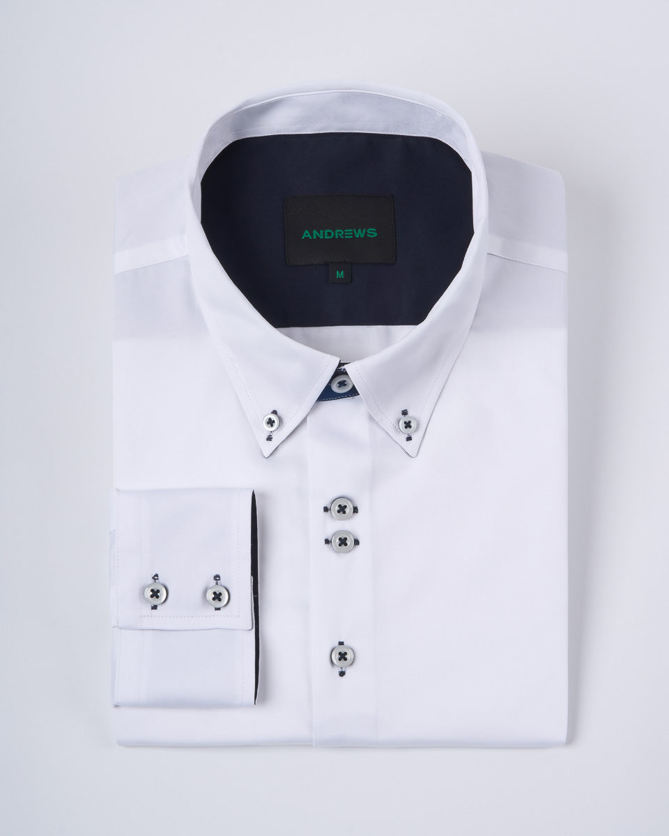 Camisa Casual Satinada - Blanco con detalle Azul