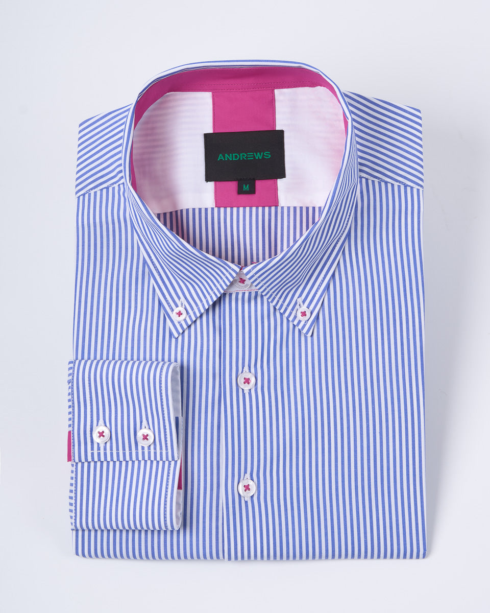 Camisa Casual A Rayas Azul con detalle Fucsia