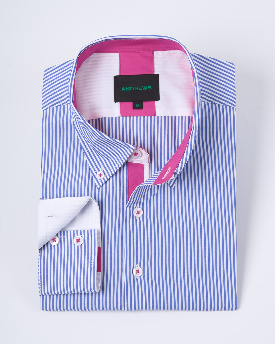 Camisa Casual A Rayas Azul con detalle Fucsia