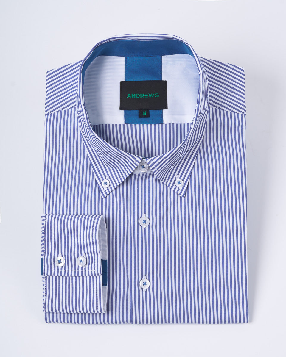 Camisa Casual A Rayas Azul con detalle Azul Acero