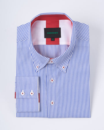 Camisa Casual A Rayas Azul con detalle Rojo