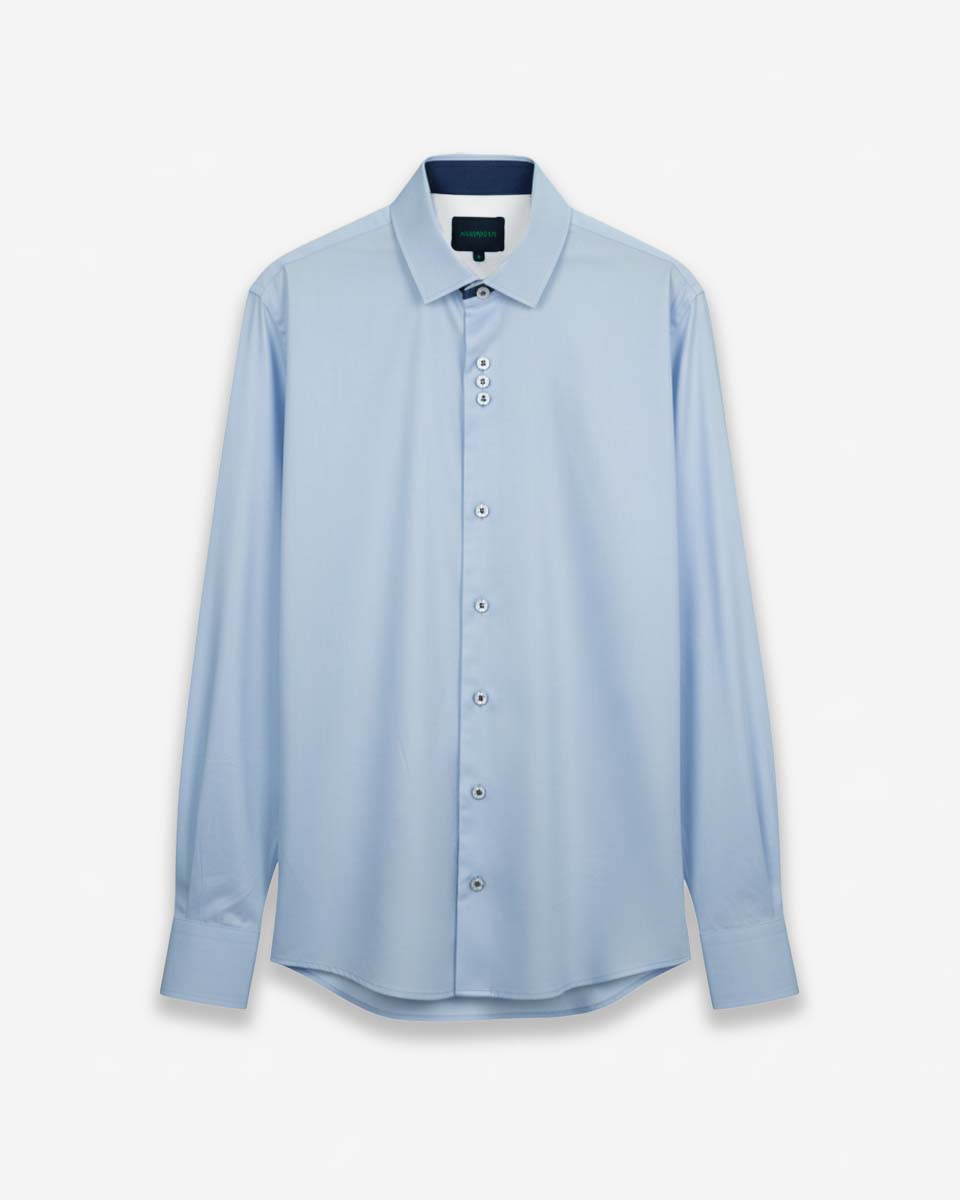 Camisa Casual color Celeste con Detalles Azul en Cuello y Puños