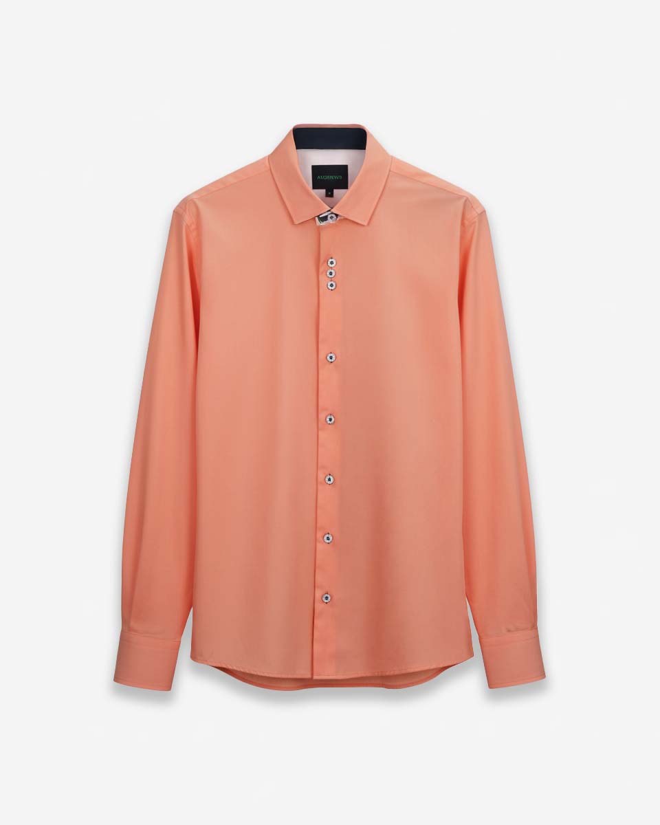 Camisa Casual color Melón con Detalles Azul en Cuello y Puños