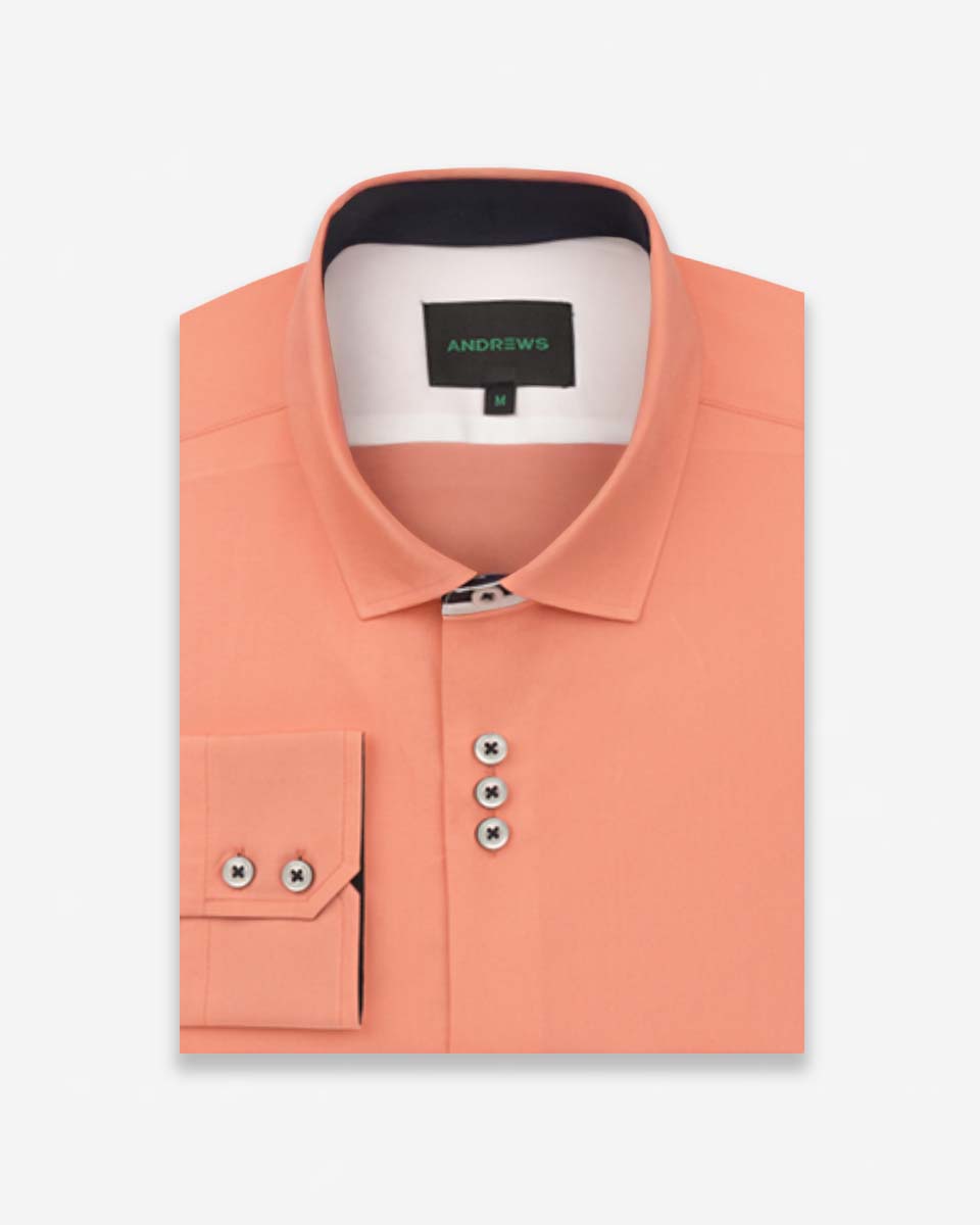 Camisa Casual color Melón con Detalles Azul en Cuello y Puños