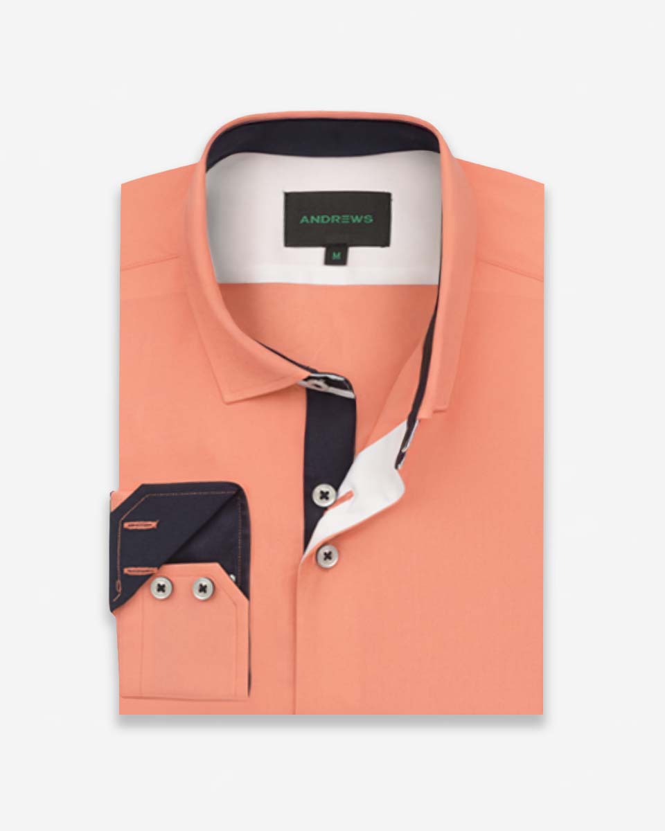 Camisa Casual color Melón con Detalles Azul en Cuello y Puños