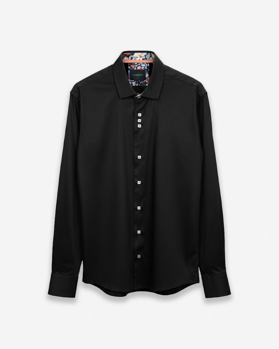 Camisa Casual Negra con Detalles Coral en Cuello y Puños