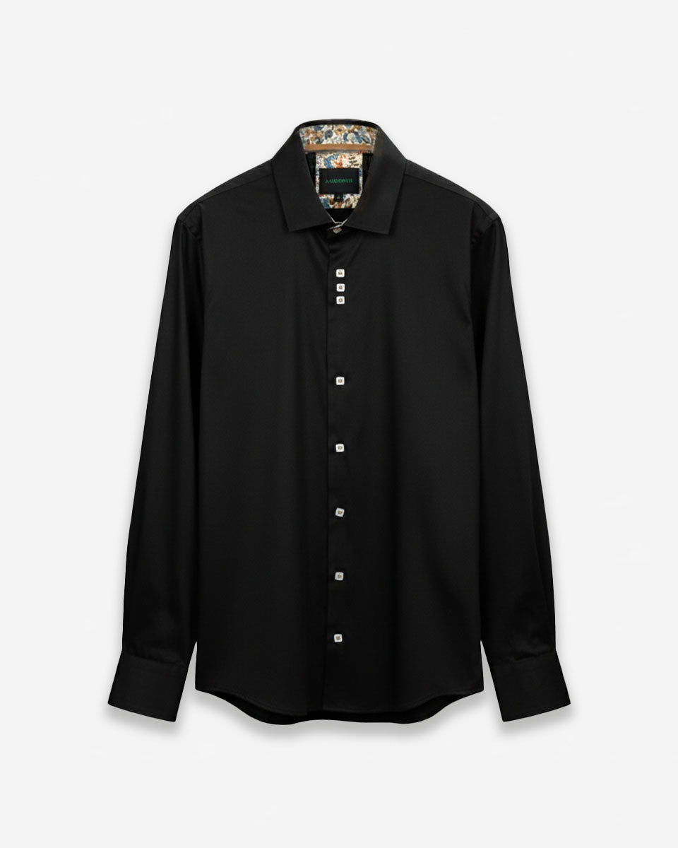 Camisa Casual Negra con Detalles Camel en Cuello y Puños