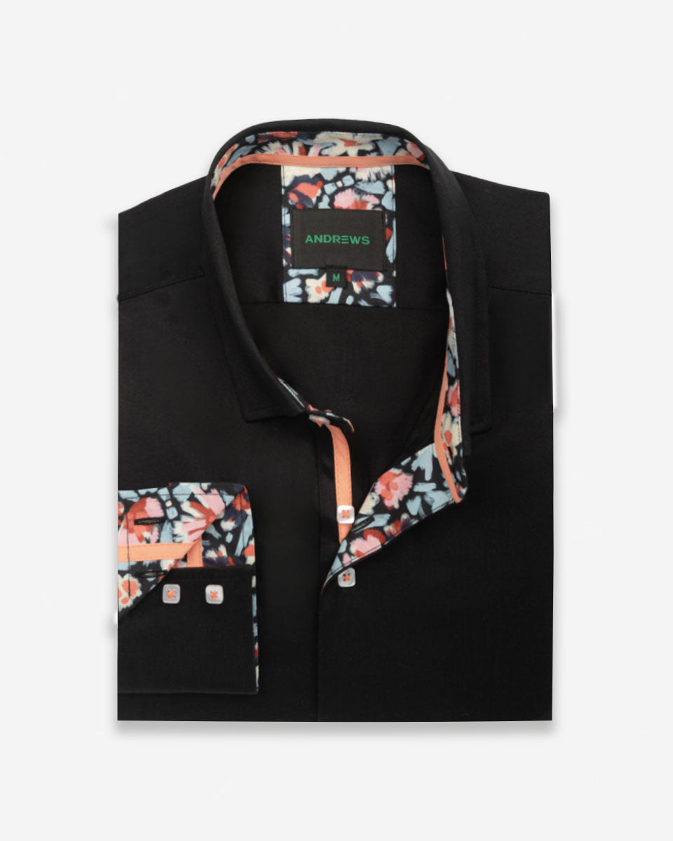 Camisa Casual Negra con Detalles Coral en Cuello y Puños