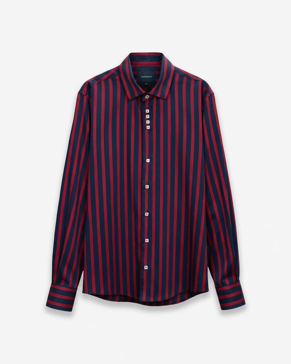 Camisa Casual Azul con Rayas Rojas Detalles en Cuello y Puños