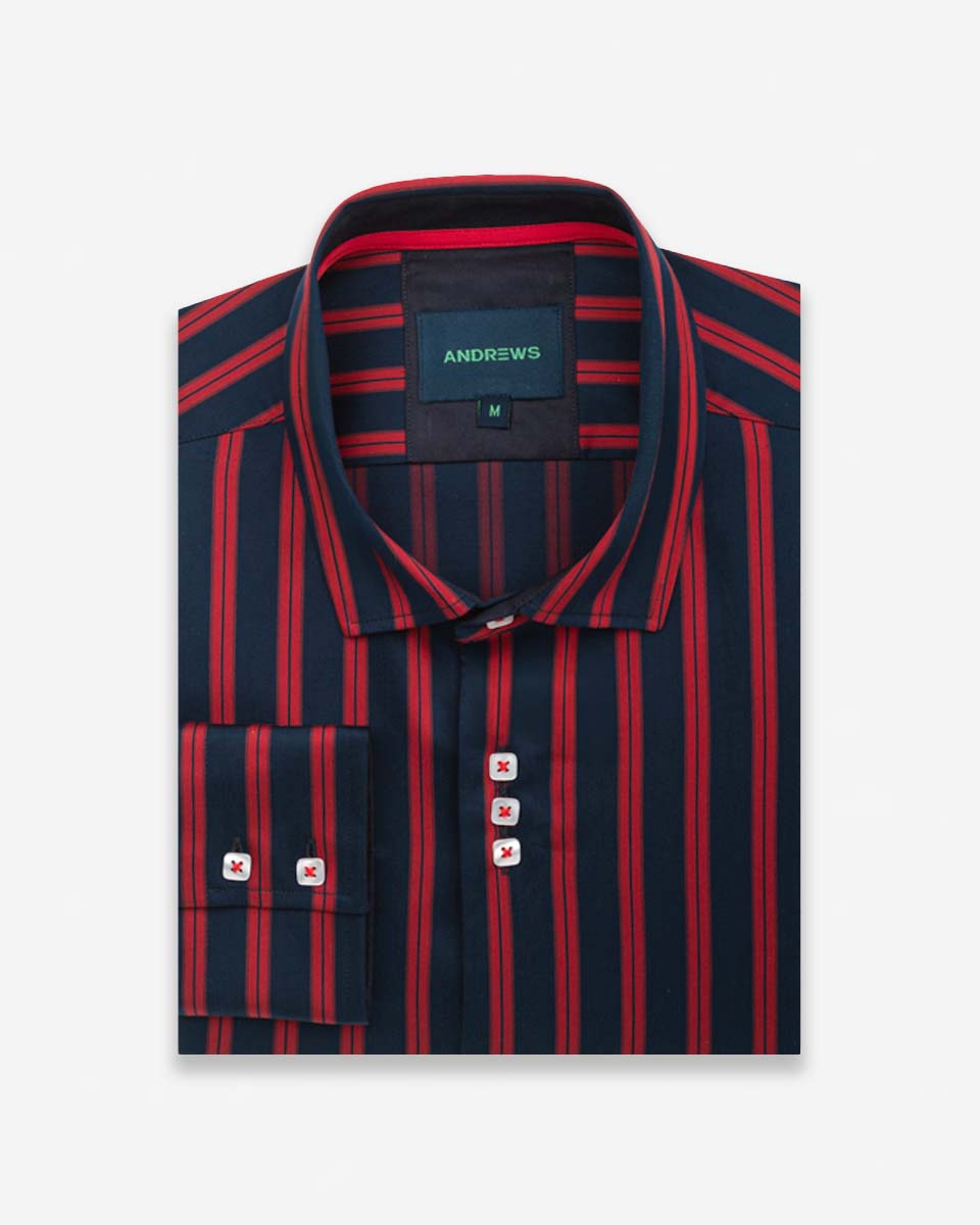 Camisa Casual Azul con Rayas Rojas Detalles en Cuello y Puños