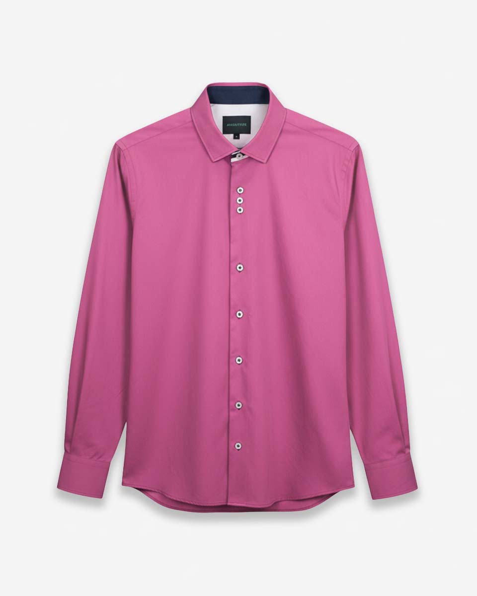 Camisa Casual color Fucsia con Detalles Azul en Cuello y Puños