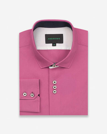 Camisa Casual Hombre - color Fucsia con Detalles Azul en Cuello y Puños