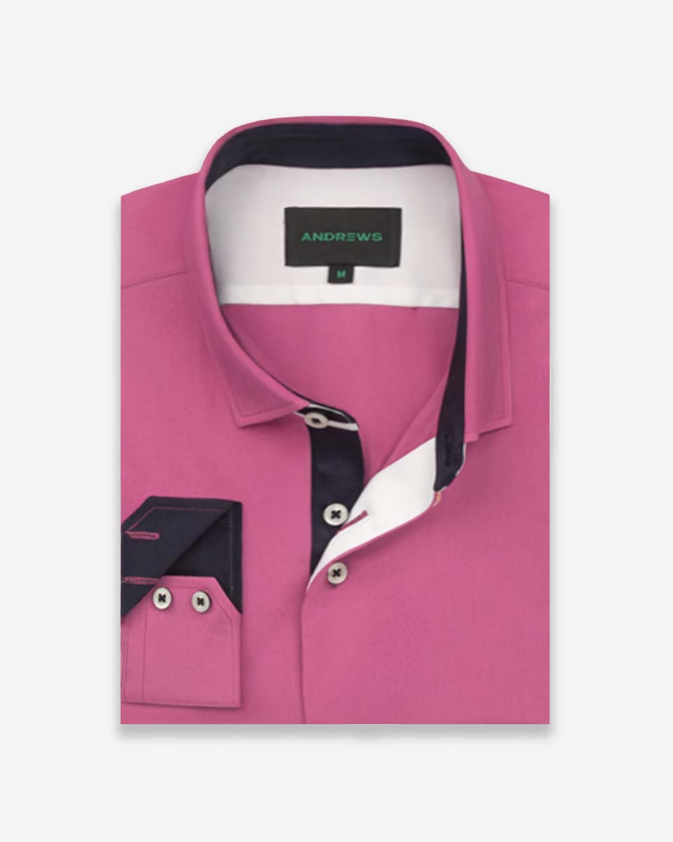 Camisa Casual color Fucsia con Detalles Azul en Cuello y Puños