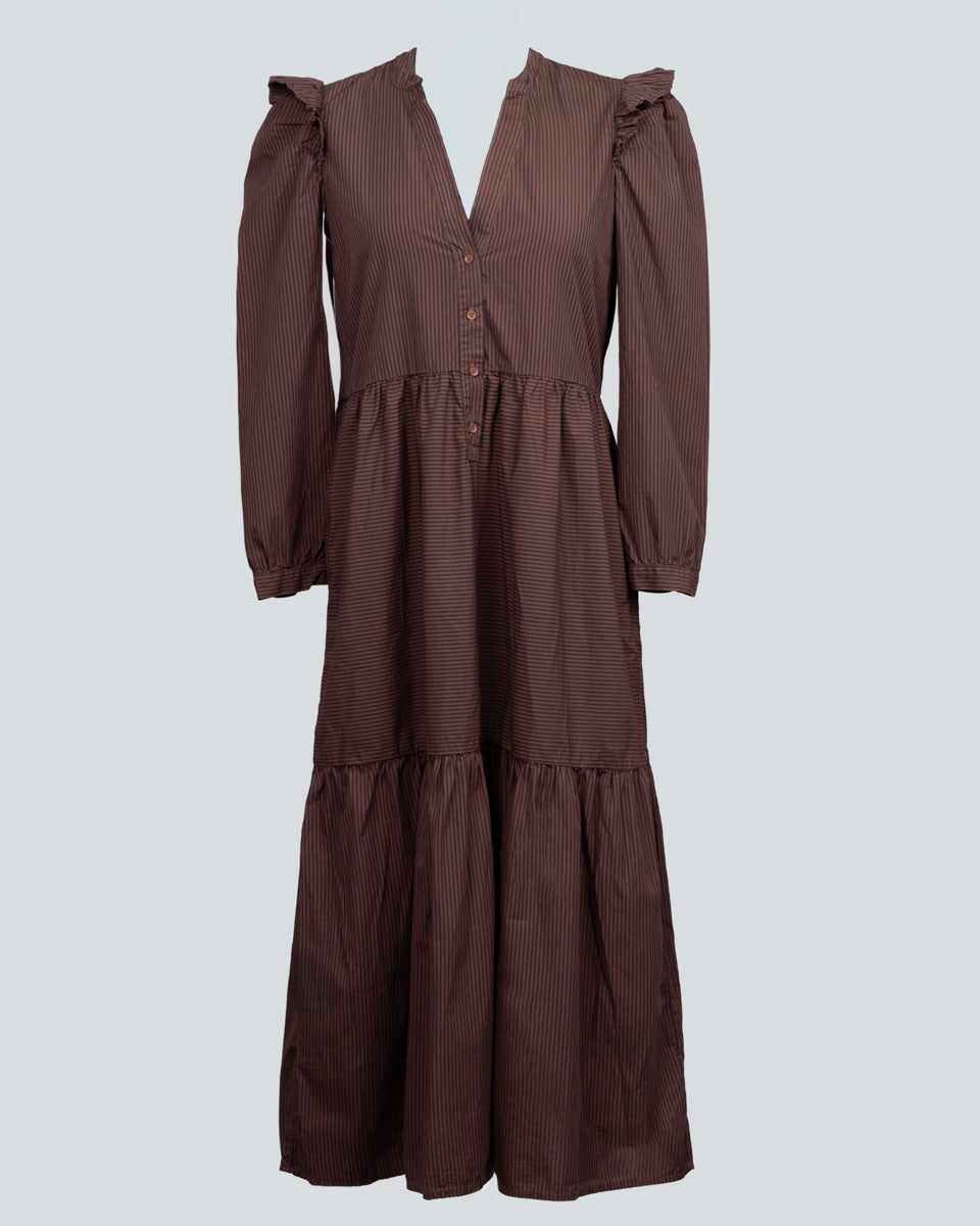 Vestido Lea Marrón a rayas con Flecos en los Hombros para mujer