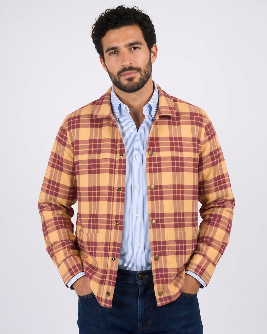 Camel Plaid Shirt with Brooch